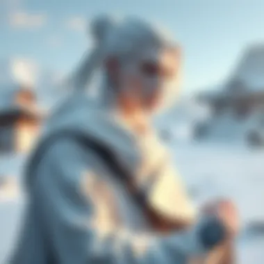 Zen character with white skin in gaming A gaming character styled as Zen wearing a white skin, showcasing minimalistic design in a peaceful setting.
