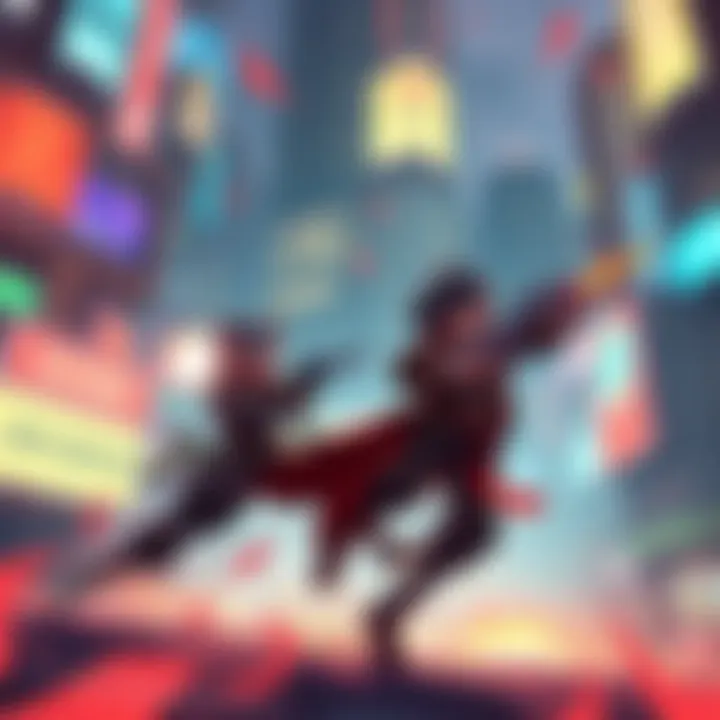 A dynamic combat scene featuring characters battling in a vibrant urban environment, showcasing the art style and action of Zenless Zone Zero without gacha mechanics