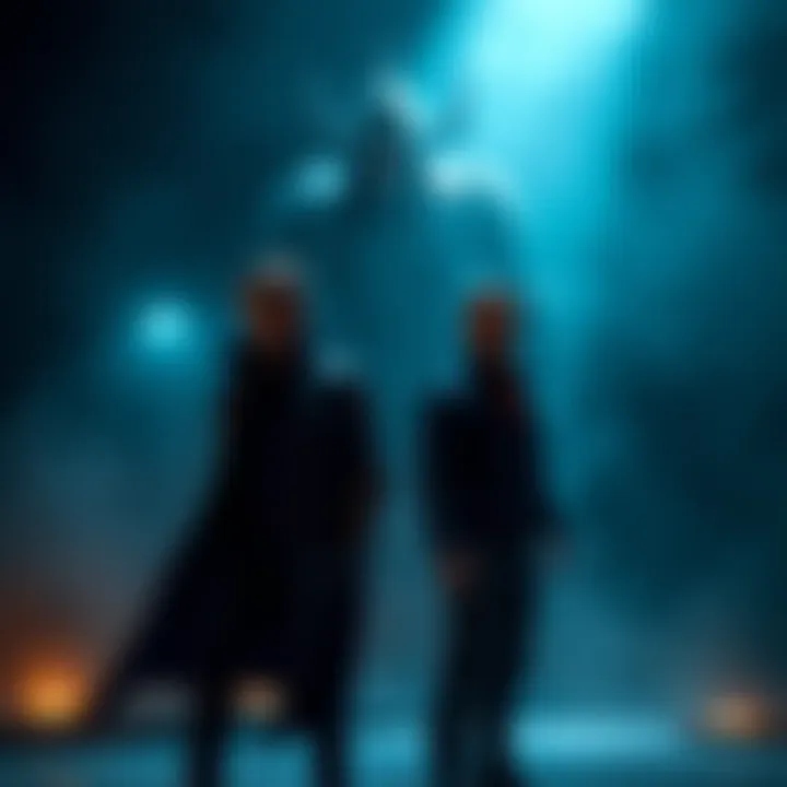 Zeno and Gideon standing confidently as Leon looms threateningly behind them in a dimly lit setting, showing their indifference to his presence.