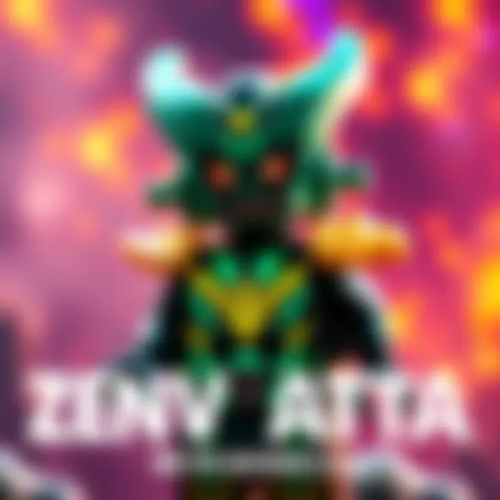 A Lego figure of Zenyatta styled with Bionicle skins, showcasing unique designs and colors, set against a vibrant background.