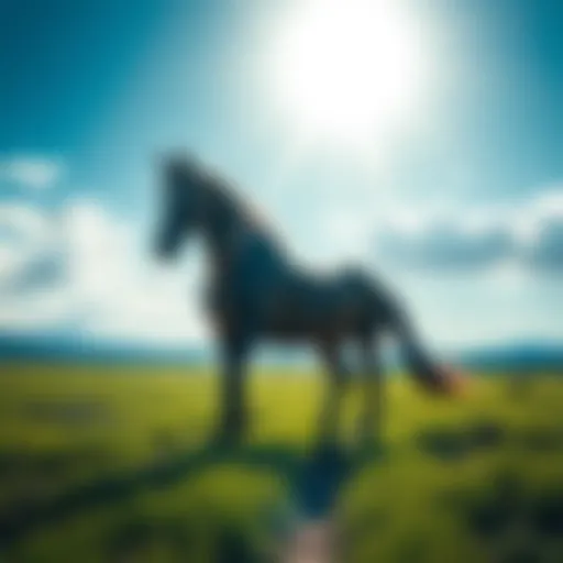 A powerful horse symbolizing strength and resilience, standing in a lush green field under a bright blue sky, showcasing defiance against challenges.