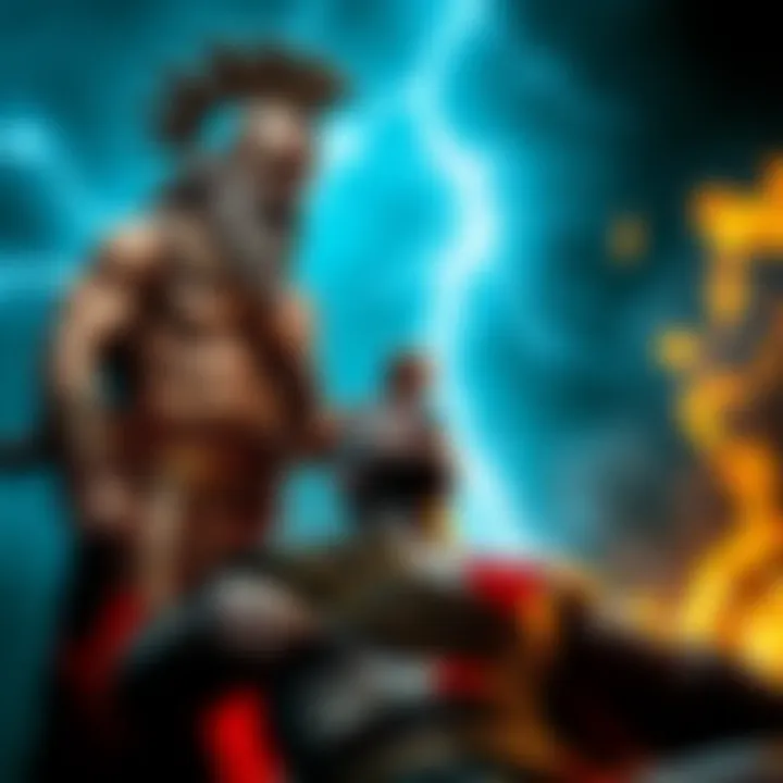 Zeus confronting Kratos Zeus stands defiantly over Kratos, who is kneeling and looking up, symbolizing the tension of their battle. Lightning crackles around them, highlighting the dramatic moment.