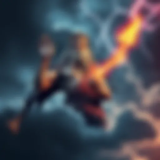 A powerful figure representing Zeus holding a thunderbolt, symbolizing strength and authority, surrounded by stormy clouds.