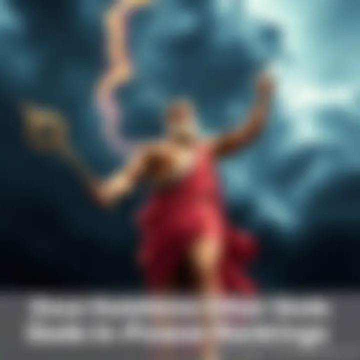 Zeus, the Greek god, holding a thunderbolt and standing confidently against a stormy sky, showcasing his power.