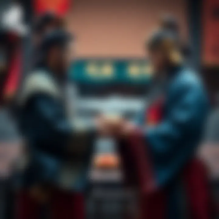 Zhuge Liang handing a 24k labubu to Liu Bei in a traditional setting