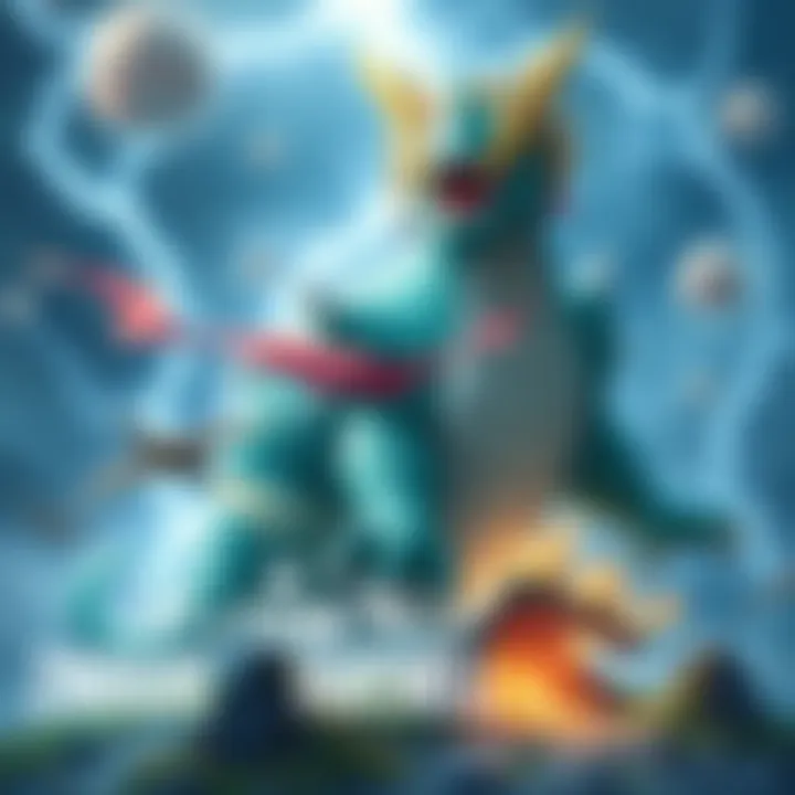 A vibrant illustration of Zinogre, a dragon-like creature, surrounded by elements of nature and battle, symbolizing key moments of the journey, with lightning and a scenic backdrop.