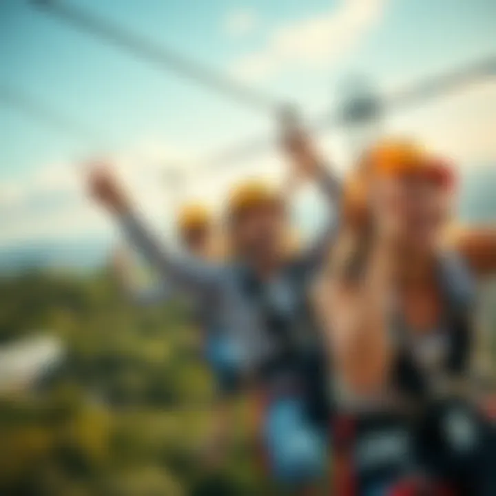 Excited participants take flight on zipline, displaying smiles and a mix of thrill and fear during the battle event.