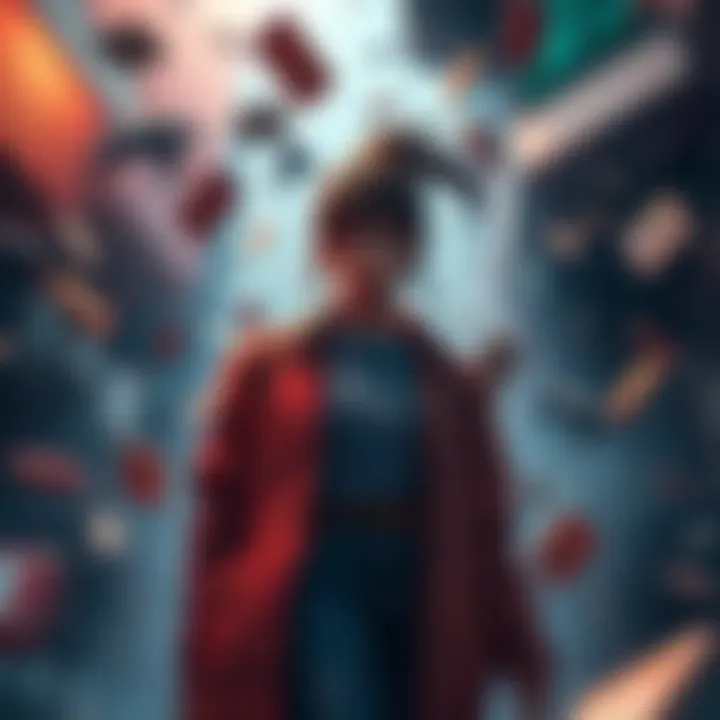 Zoe, a teenage character with a confident demeanor, surrounded by chaos created by her actions in the game, reflecting on her privileged background and the choices she makes.