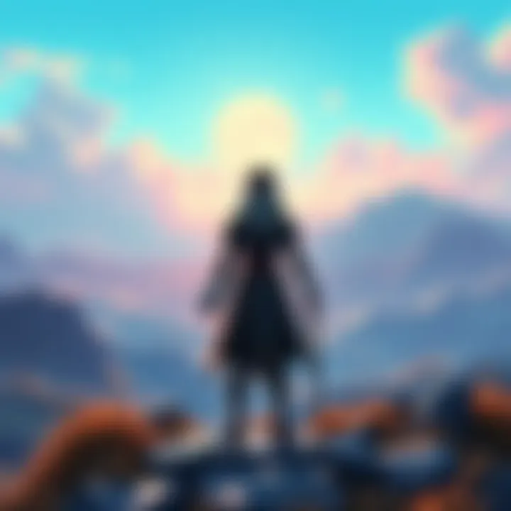 A character named Zoh Shia standing in a vibrant landscape, contemplating future choices in Ascendance's postgame story.