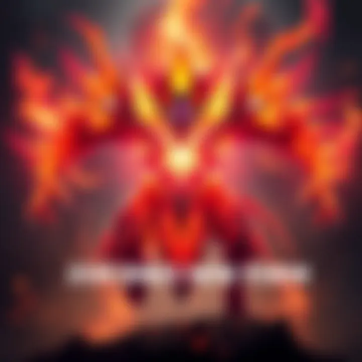 An artistic representation of Zoh Shia transforming into its powerful third form. Bright colors and dynamic movement suggest its strength and connection to ancient weapons.