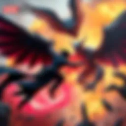 A fierce battle scene between Zoh Shia, depicted as a dark, winged figure, and Gaismagorm, a massive monstrous demon, amidst a fiery background.