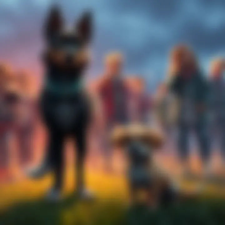 Zoil looks concerned as he stands next to a small dog on the ground, with community members reacting in the background.