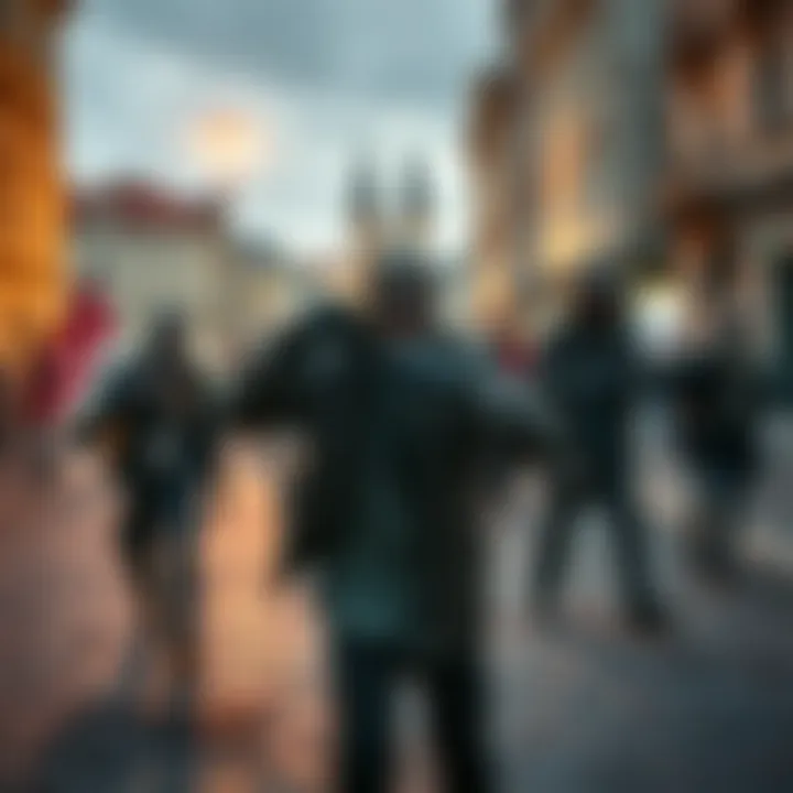 Zombie attack scene filming in Prague A local resident captures a dramatic scene of a zombie attack being filmed in the streets of Prague, with actors dressed as zombies and crew members in the background.