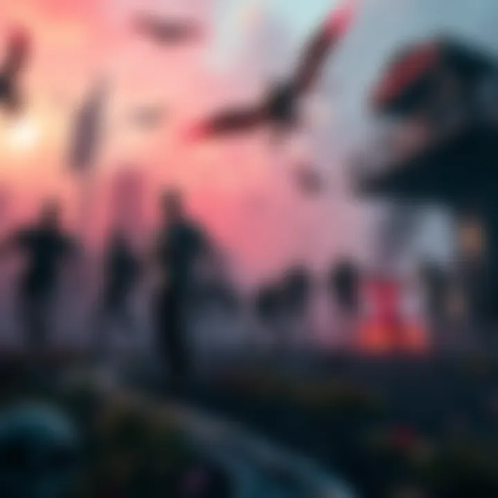 A detailed view of a vibrant game environment with scattered zombie characters, highlighting the lack of horde action.