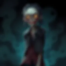 A spooky zombie character with tattered clothes, pale skin, and eerie eyes, standing against a dark background.