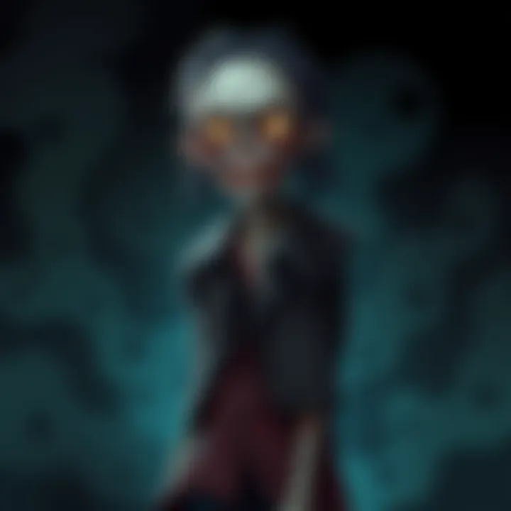 Zombie Character Illustration A spooky zombie character with tattered clothes, pale skin, and eerie eyes, standing against a dark background.