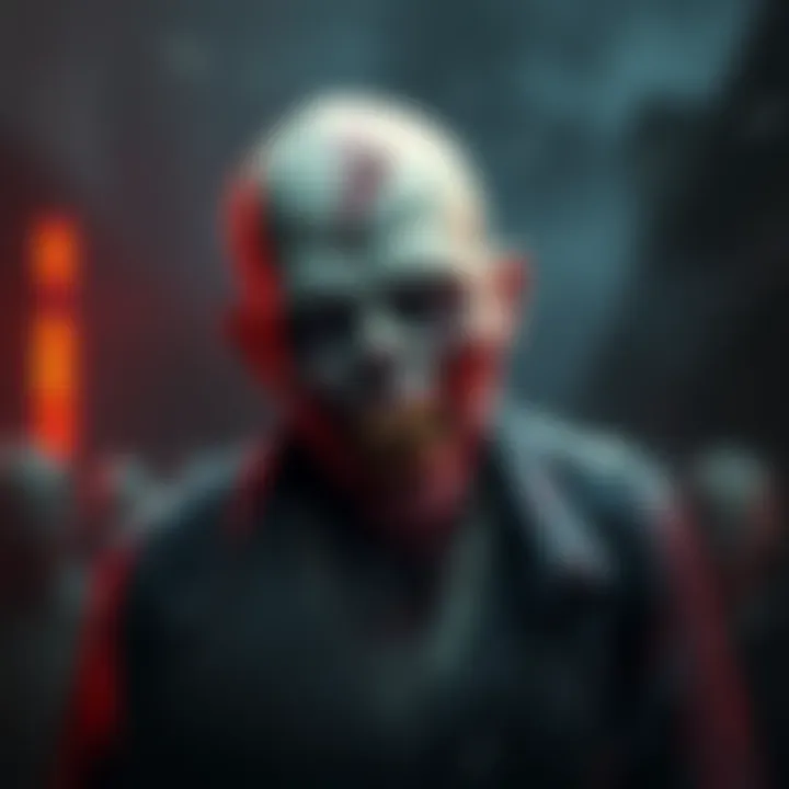 A popular zombie character depicted with a rotting face and tattered clothes, surrounded by elements of horror such as dark shadows and fog, representing their role in storytelling.