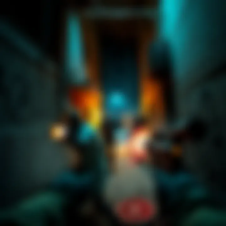 Zombie FPS Game Scene A gamer battles zombies in a dimly lit alley with various weapons, showcasing intense action in an abandoned city.