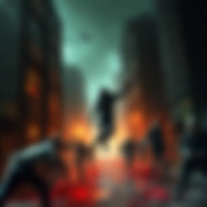 A scene from a zombie game showing a hero navigating through an abandoned city filled with zombies, showcasing parkour moves and a dark atmosphere.
