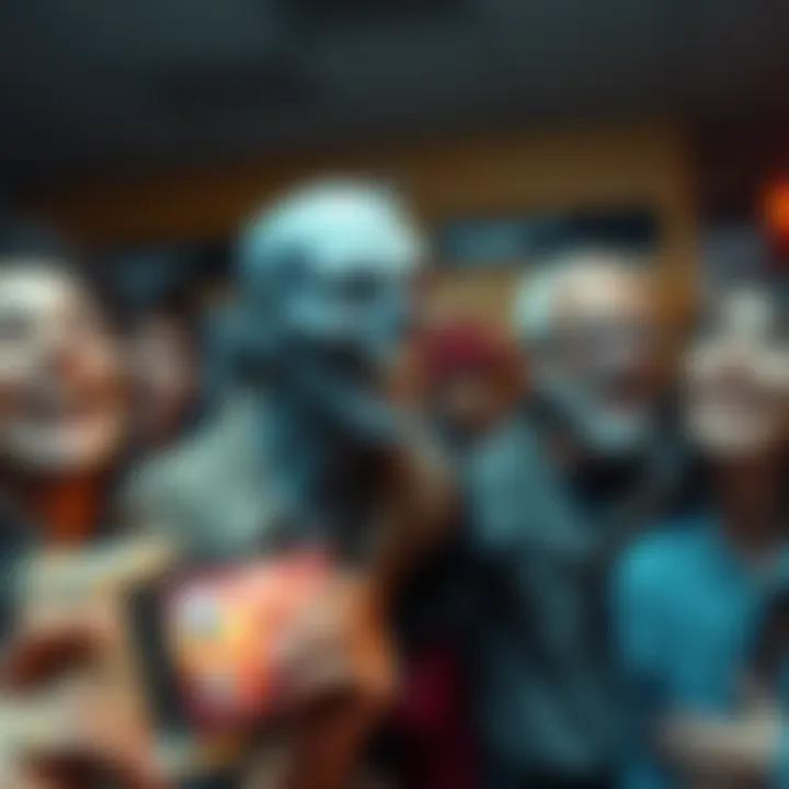 A friendly zombie trying to fit into a group photo with laughing people
