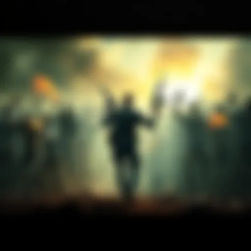 A lone survivor holds a weapon as a massive horde of zombies approaches their destroyed base, showcasing the chaos and danger of the scene.