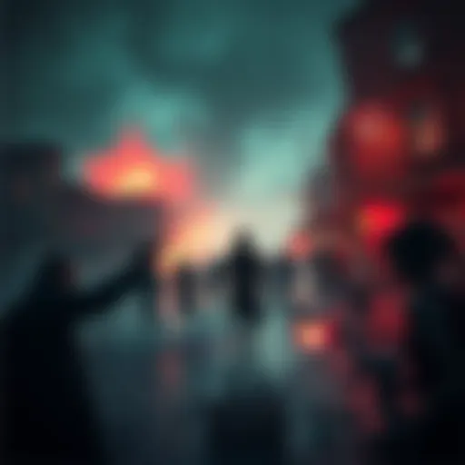 A chaotic scene showing townsfolk transformed into zombies due to underground gas, with eerie Lovecraftian elements visible in the background.
