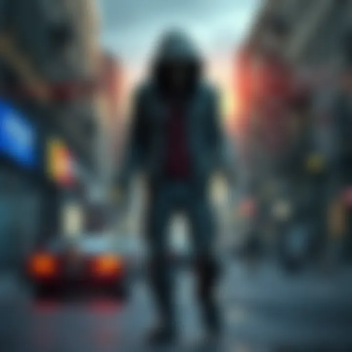A zombie dressed in post-apocalyptic attire, wearing a ripped jacket and combat boots, roaming the streets of Raccoon City.