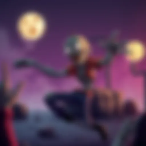 A cartoon zombie getting back up after being knocked down, with outstretched arms and a spooky background.