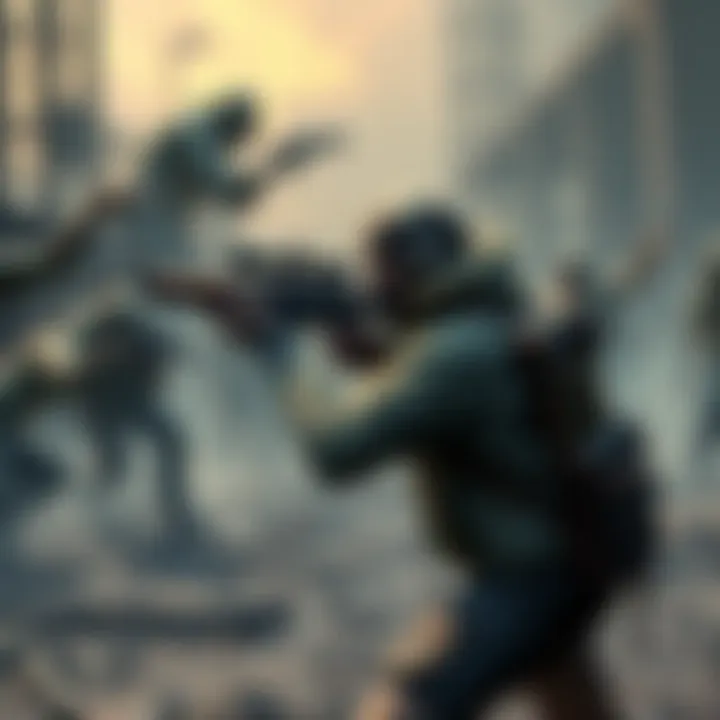 A character fighting off zombies in a post-apocalyptic setting with detailed environments and survival gear