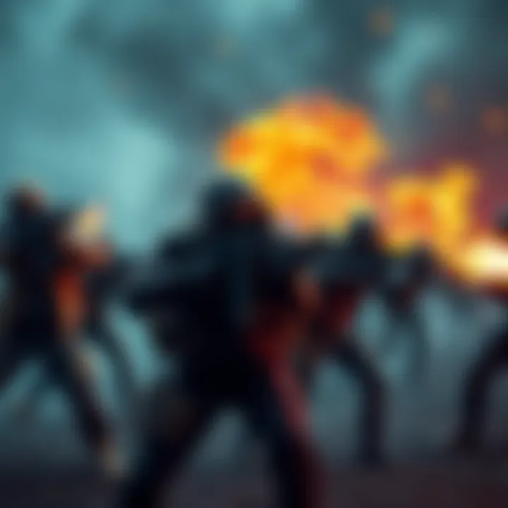 A group of players fighting off zombies in an apocalyptic setting with weapons and survival gear.