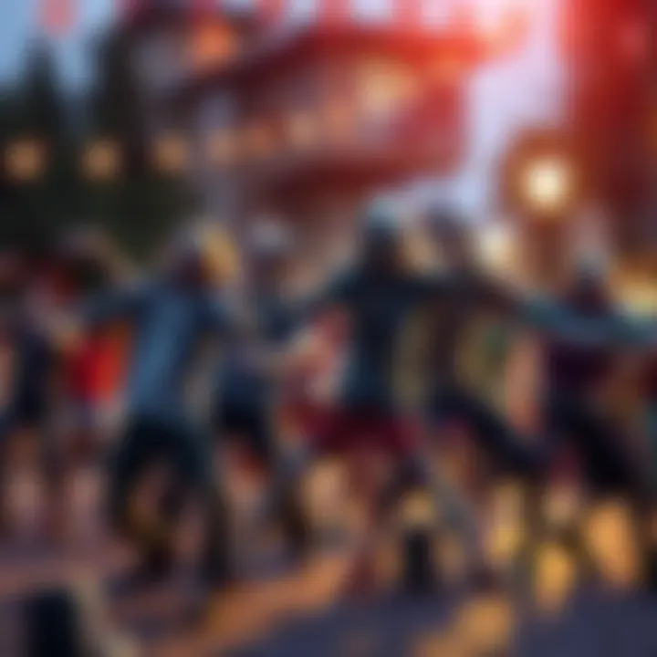 A group of zombies performing a lively dance in sync, showcasing their quirky moves in a fun outdoor setting