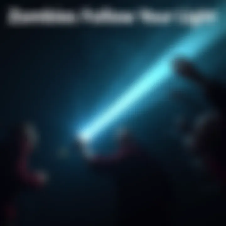A flashlight beam in a dark environment with zombies moving toward it