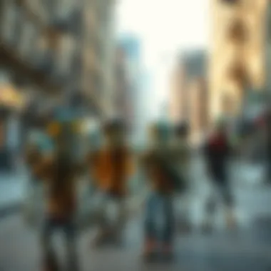 A group of cartoonish zombies wandering through an abandoned city street, expressing confusion and disinterest.