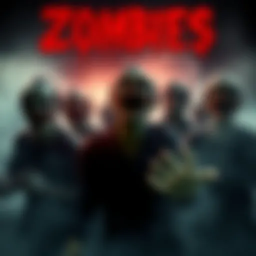 A group of zombies with eerie groans in a dark, misty setting, showcasing their return to popular culture in movies and games.