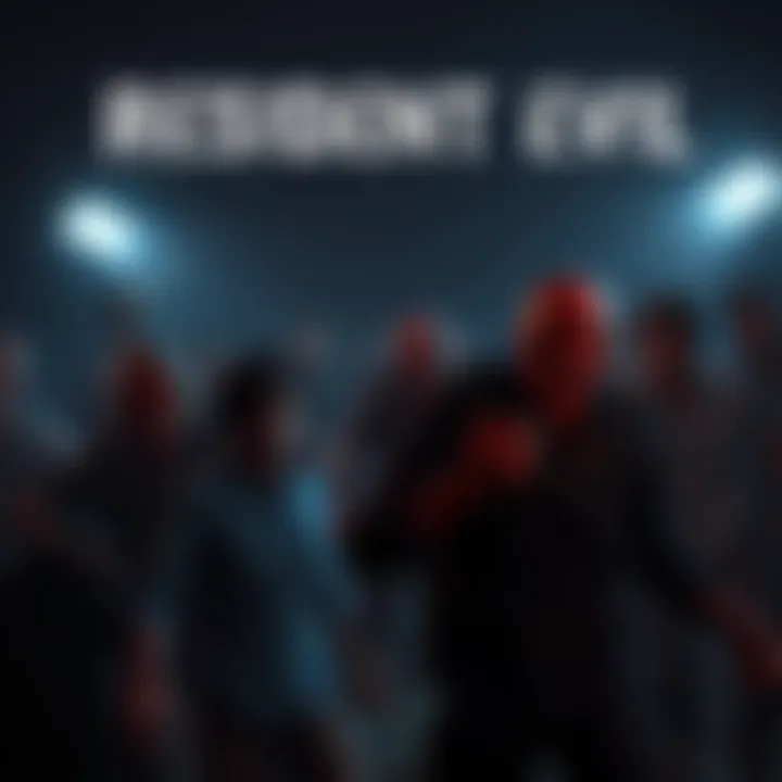 A group of zombies from Resident Evil games in a dark, eerie setting with players navigating the scene.